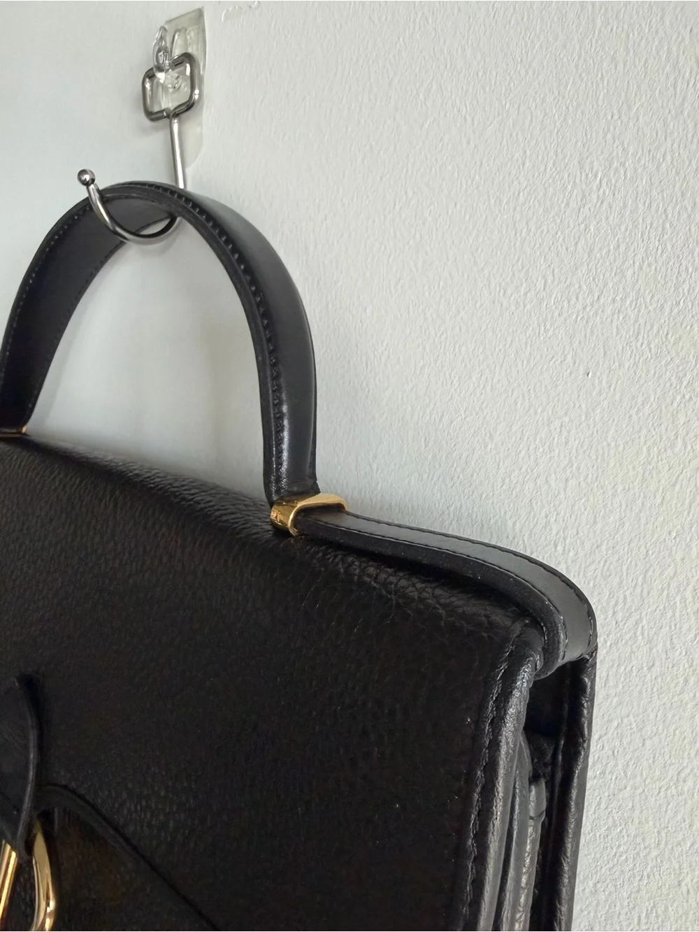 Vintage Dior Black Pebbled Leather Top-Handle Satchel with Gold Ring